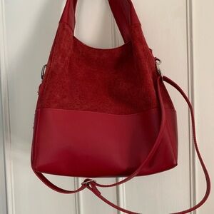 Italian made beautiful red large bucket purse - PU and suede